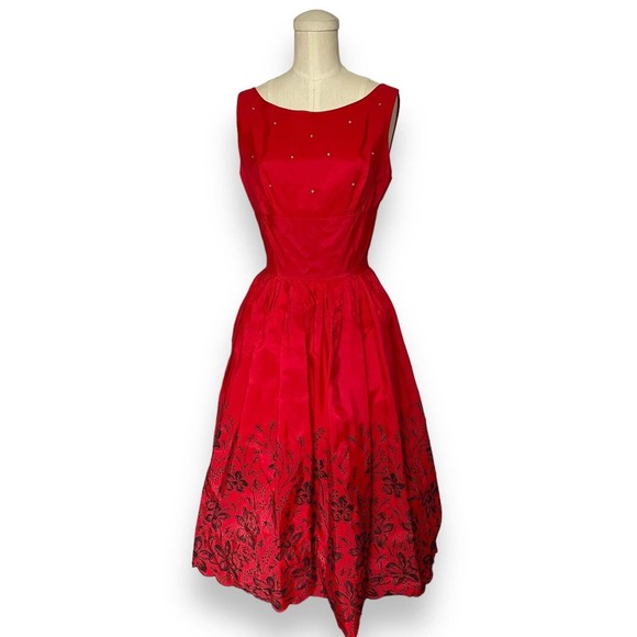 Vintage Dresses & Skirts - 50s Aldens Red Gown Black Flocked Floral Size 10 Rhinestone Dress MCM Cocktail